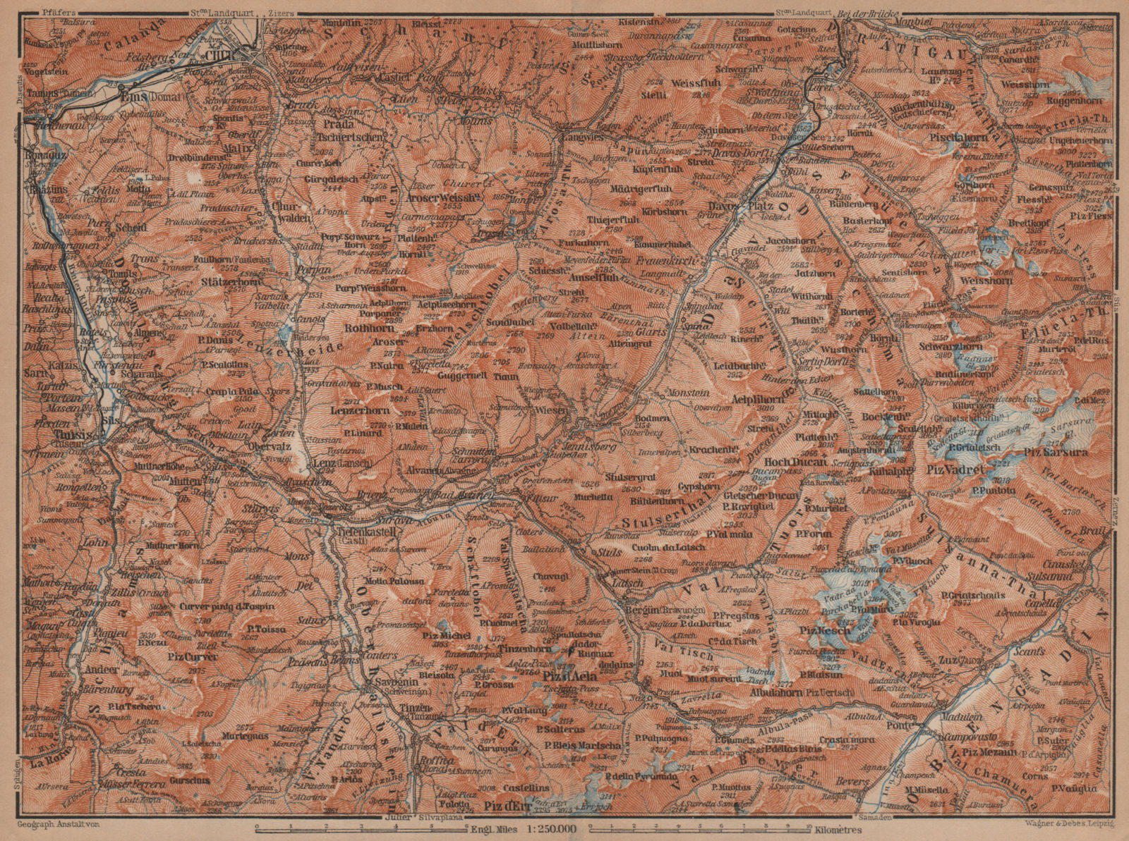 GRAUBÜNDEN/ALBULA ALPS. Chur-Samedan. Arosa Lenz Davos Savognin Thusis 1901 map